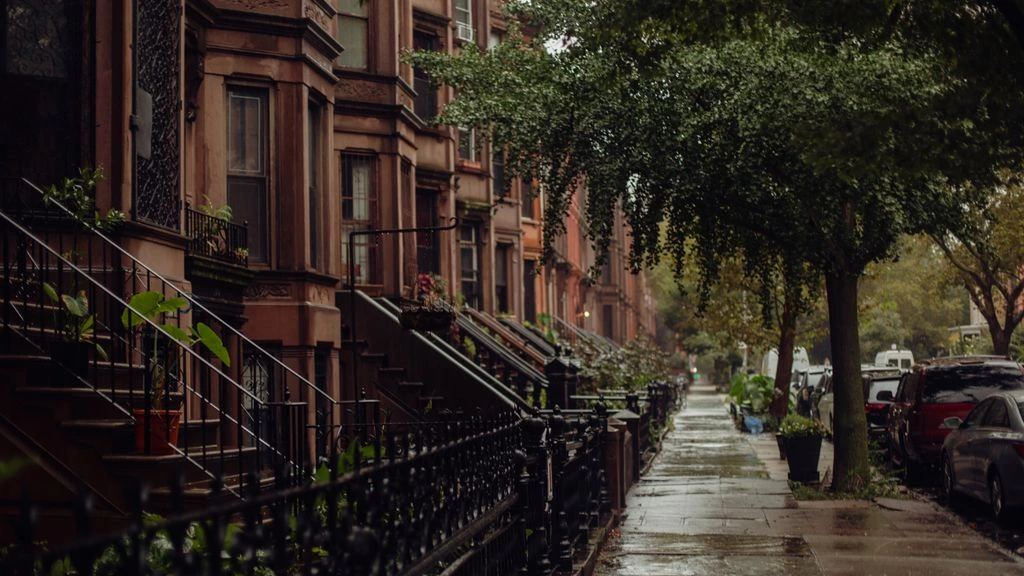 Reporter with notebook on a Brooklyn stoop at dusk